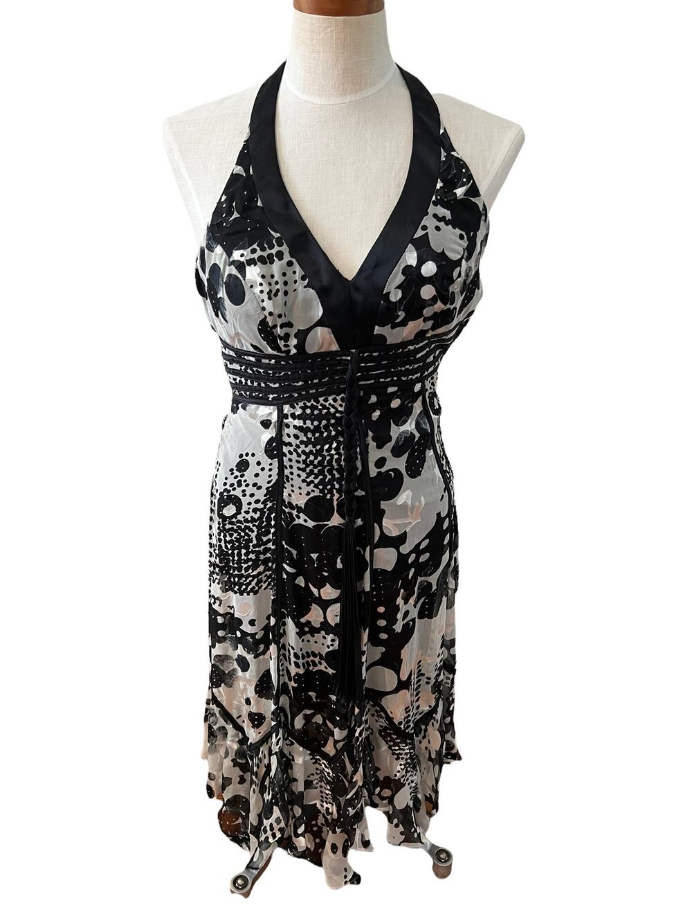 Vintage Y2K Sue Wong Silk & Burnt velvet silk halter handkerchief hem dress